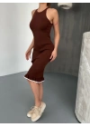 Fırfır Detaylı Triko Elbise- Kahverengi -