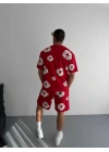 İki İplik Kumaş Baskılı T-shirt Şortlu Takım- Kırmızı -