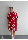 İki İplik Kumaş Baskılı T-shirt Şortlu Takım- Kırmızı -