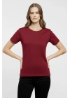 Kadın Bisiklet Yaka Slim Fit Likralı Tişört - Bordo