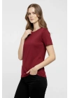 Kadın Bisiklet Yaka Slim Fit Likralı Tişört - Bordo