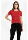 Kadın Bisiklet Yaka Slim Fit Likralı Tişört - Kırmızı