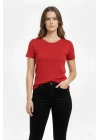 Kadın Bisiklet Yaka Slim Fit Likralı Tişört - Kırmızı