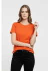 Kadın Bisiklet Yaka Slim Fit Likralı Tişört - Turuncu