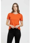 Kadın Bisiklet Yaka Slim Fit Likralı Tişört - Turuncu