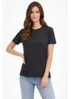 Kadın Bisiklet Yaka Tişört Regular Kalıp Basic Pamuklu Günlük Kullanım T-shirt - Füme