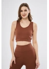 Kadın Fitilli Baskılı Crop - Kahve