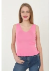 Kadın V Yaka Fırfır Detay Crop - Pembe