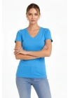 Kadın V Yaka Slim Fit Likralı Tişört - Açık Mavi