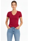 Kadın V Yaka Slim Fit Likralı Tişört - Bordo