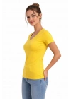Kadın V Yaka Slim Fit Likralı Tişört - Sarı