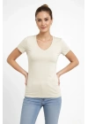 Kadın V Yaka Slim Fit Likralı Tişört - Taş