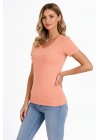 Kadın V Yaka Slim Fit Likralı Tişört - Toz Pembe