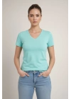 Kadın V Yaka Slim Fit Likralı Tişört - Turkuvaz