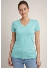 Kadın V Yaka Slim Fit Likralı Tişört - Turkuvaz