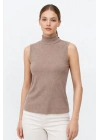 Kadın Yarım Balıkçı Yaka Fitilli Kaşkorse Atlet Basic Şık Bluz Badi - Bej