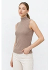 Kadın Yarım Balıkçı Yaka Fitilli Kaşkorse Atlet Basic Şık Bluz Badi - Bej