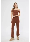 Kadın Yüksel Bel Fitilli İspanyol Paça Tayt - Kahve