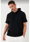 Kapşonlu Kısa Kol Düz Oversize T-shirt - Siyah -