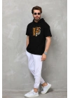 Kapşonlu Kısa Kol Oversize Baskılı T-Shirt - Siyah -