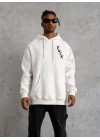 Kapşonlu Uzun Kol Baskılı Sweetshirt - Beyaz -