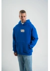 Kapşonlu Uzun Kol Patchli Nakışlı SweatShirt - Mavi -