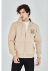 Kapüşonlu Baskılı Fermuarlı Hırka - Bej -
