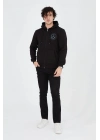 Kapüşonlu Baskılı Fermuarlı Hırka - Siyah -