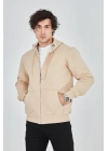 Kapüşonlu Düz Fermuarlı Hırka - Bej