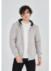 Kapüşonlu Düz Fermuarlı Hırka - Boyalı Gri