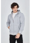 Kapüşonlu Düz Fermuarlı Hırka - Gri
