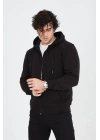 Kapüşonlu Düz Fermuarlı Hırka - Siyah -