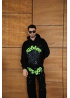Kapüşonlu Eşofman Takım Örümcek Ağı ve Neon Yeşil Baskılı Kanguru cepli Oversize Rahat Kalıp, Premium Üç İplik Kumaş - Siyah -