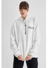 Kapüşonlu Sırt Baskılı Üç İplik Oversize Sweatshirt - Beyaz