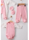 Kelebek Nakışlı Tulumlu % 100 Pamuk Kız Bebek 5li Set