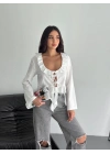 Keten Uzun Kol Bağacık Detaylı Bluz - Beyaz -