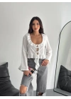 Keten Uzun Kol Bağacık Detaylı Bluz - Beyaz -