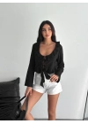 Keten Uzun Kol Bağacık Detaylı Bluz - Siyah -