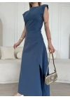 Keten Yandan Yırtmaçlı Uzun Elbise Sıfır Kol Elbise - Mavi -