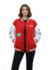 Kırmızı Varsity Çıtçıtlı Baskılı Oversize kalıp Kolej Ceket - Kırmızı