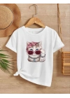 Kız Çocuk Bisiklet Yaka Baskılı T-Shirt - Beyaz