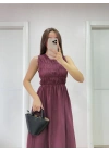Kolsuz Göğüs Lastıklı %100 Poplin Uzun Elbise - Bordo -