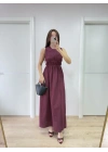 Kolsuz Göğüs Lastıklı %100 Poplin Uzun Elbise - Bordo -