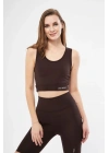 Kolsuz Sporcu Baskılı Crop - Kahve