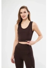 Kolsuz Sporcu Baskılı Crop - Kahve