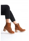 LENA Bağcıklı Fermuarlı Ortopedik Taban Topuklu Süet Kadın Bot STT - Taba