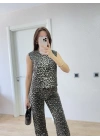 leopar desenli Düğmeli Bluzlu Pantolon İkili Takım -Leopar -