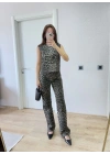 leopar desenli Düğmeli Bluzlu Pantolon İkili Takım -Leopar -
