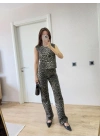 leopar desenli Düğmeli Bluzlu Pantolon İkili Takım -Leopar -