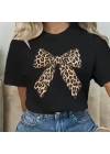 Leopar Desenli Fiyonklu Tişört - Siyah -